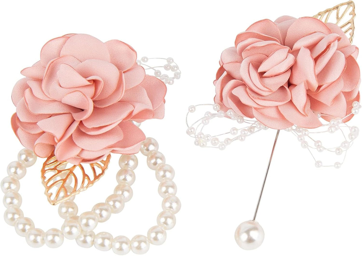 2 Pack Pink Rose Bridesmaid Wrist Flower Corsage and Boutonniere Sets for Party Wedding