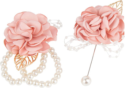 2 Pack Pink Rose Bridesmaid Wrist Flower Corsage and Boutonniere Sets for Party Wedding