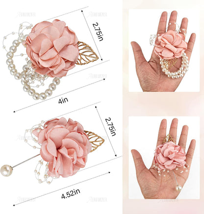 2 Pack Pink Rose Bridesmaid Wrist Flower Corsage and Boutonniere Sets for Party Wedding