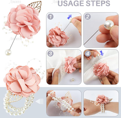 2 Pack Pink Rose Bridesmaid Wrist Flower Corsage and Boutonniere Sets for Party Wedding