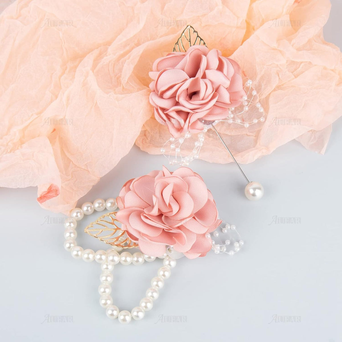 2 Pack Pink Rose Bridesmaid Wrist Flower Corsage and Boutonniere Sets for Party Wedding