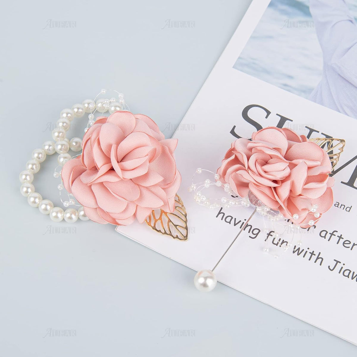2 Pack Pink Rose Bridesmaid Wrist Flower Corsage and Boutonniere Sets for Party Wedding