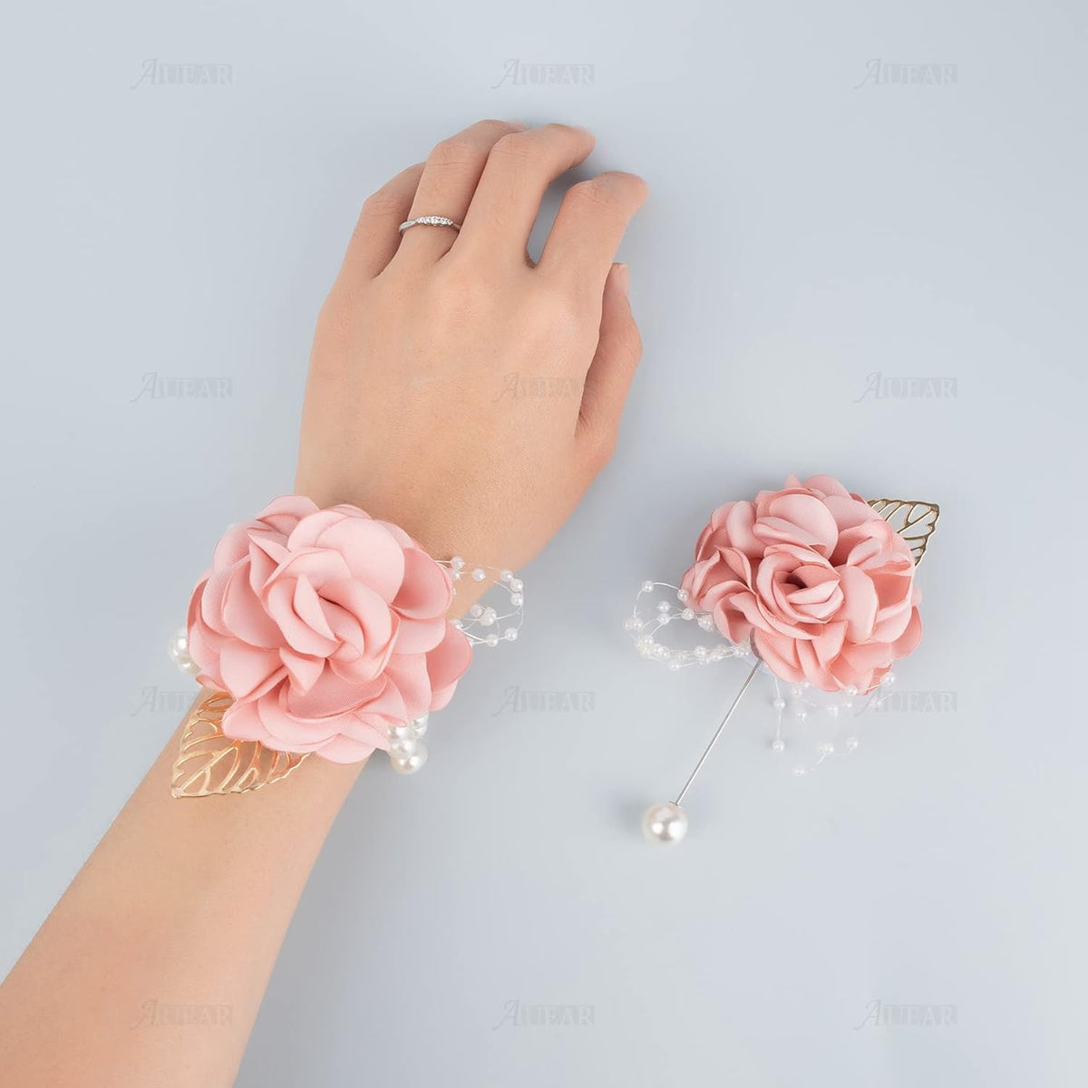 2 Pack Pink Rose Bridesmaid Wrist Flower Corsage and Boutonniere Sets for Party Wedding