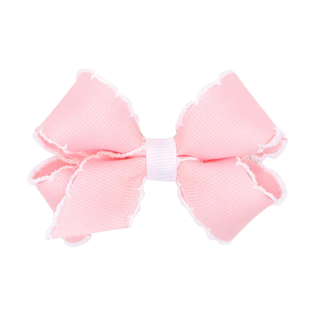 Girls' Classic Grosgrain Moonstitch Edge Hair Bow, No-Slip Hair Clip, Handmade, Light Pink with White, Mini