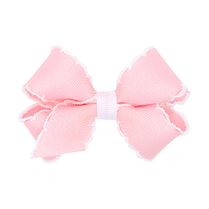 Girls' Classic Grosgrain Moonstitch Edge Hair Bow, No-Slip Hair Clip, Handmade, Light Pink with White, Mini