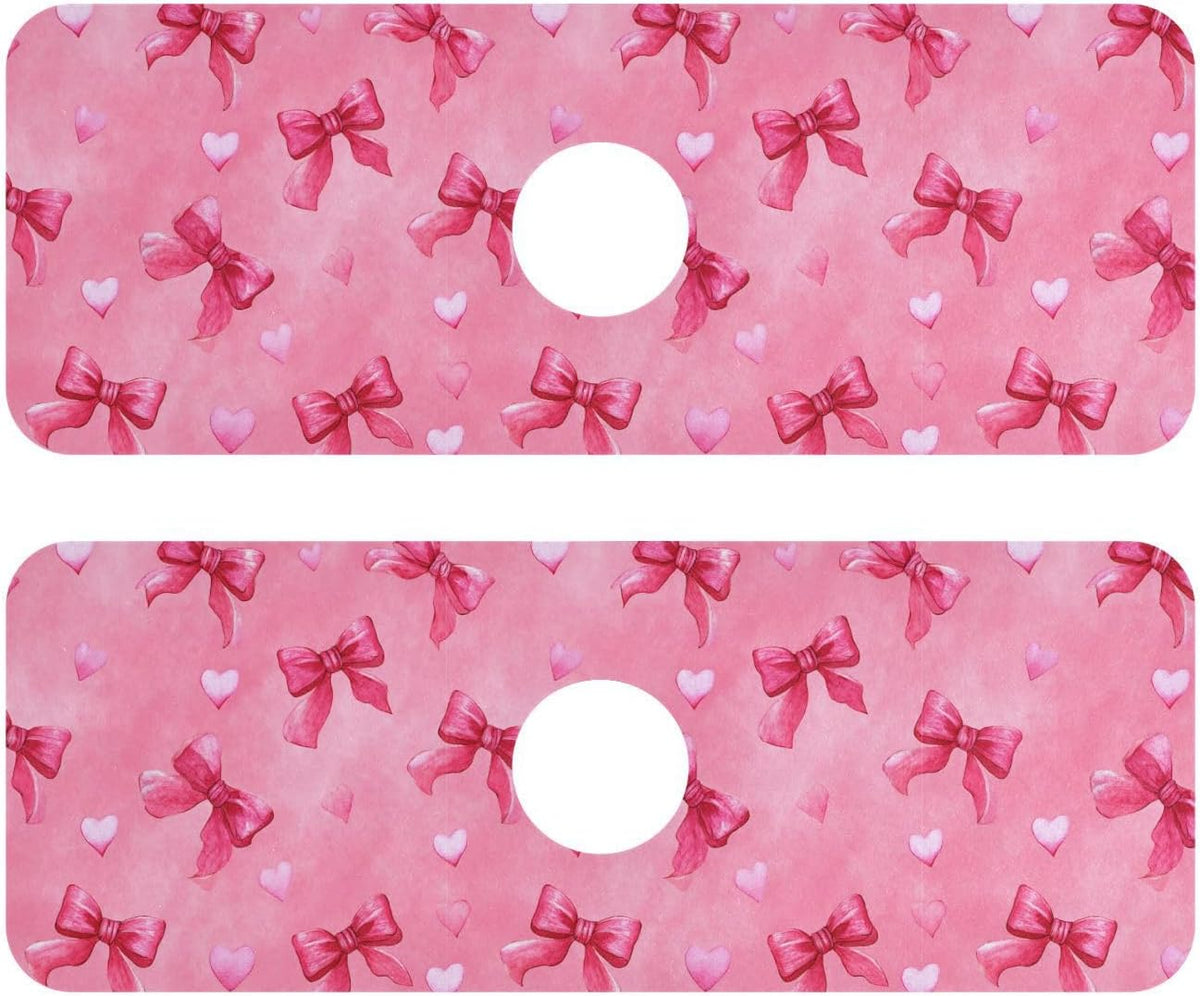 Light Pink Bows Hearts Valentines Faucet Drying mat Silicone Kitchen Faucet Mat Sink Splash Guard Drip Catcher Dish Soap Sponge Holder for Guard Bathroom Farmhouse S