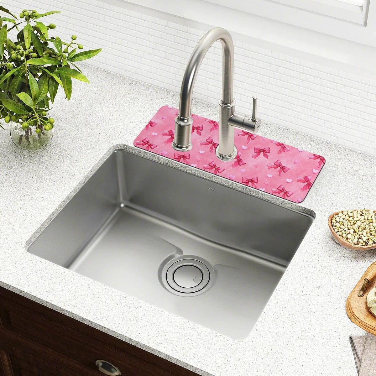 Light Pink Bows Hearts Valentines Faucet Drying mat Silicone Kitchen Faucet Mat Sink Splash Guard Drip Catcher Dish Soap Sponge Holder for Guard Bathroom Farmhouse S
