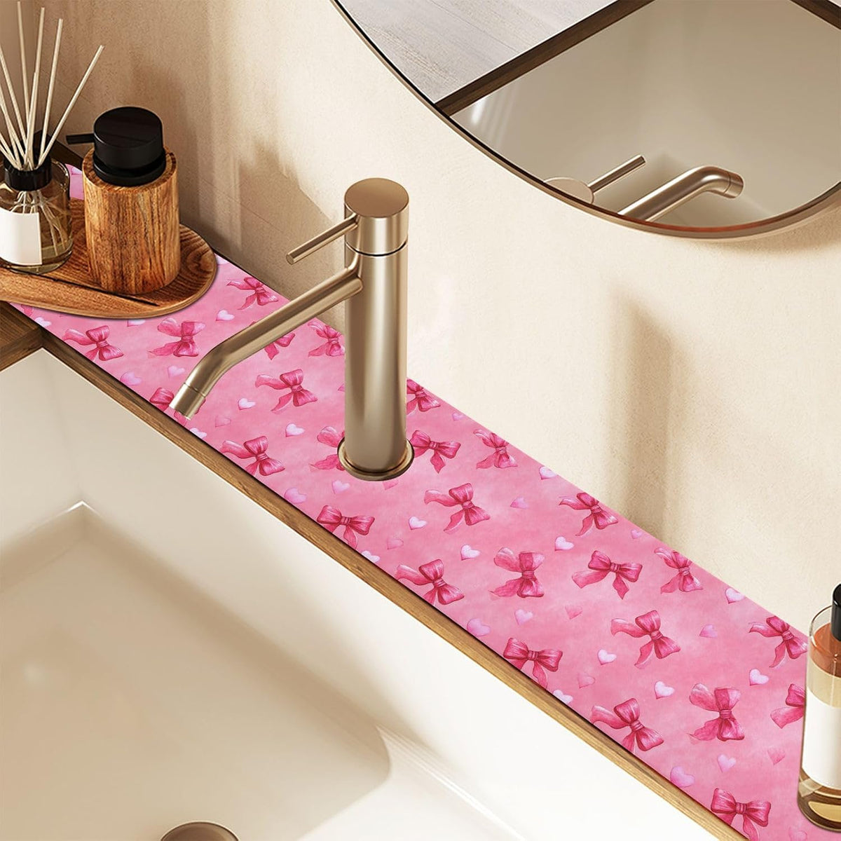 Light Pink Bows Hearts Valentines Faucet Drying mat Silicone Kitchen Faucet Mat Sink Splash Guard Drip Catcher Dish Soap Sponge Holder for Guard Bathroom Farmhouse S