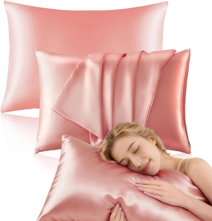 Satin Pillowcase for Hair and Skin, 2 Pack Soft Silky Pillow, Cooling and Wrinkle Resistant, Available in Standard/Queen/King Sizes, 6 Colors (Pink, King (U.S. Standard))
