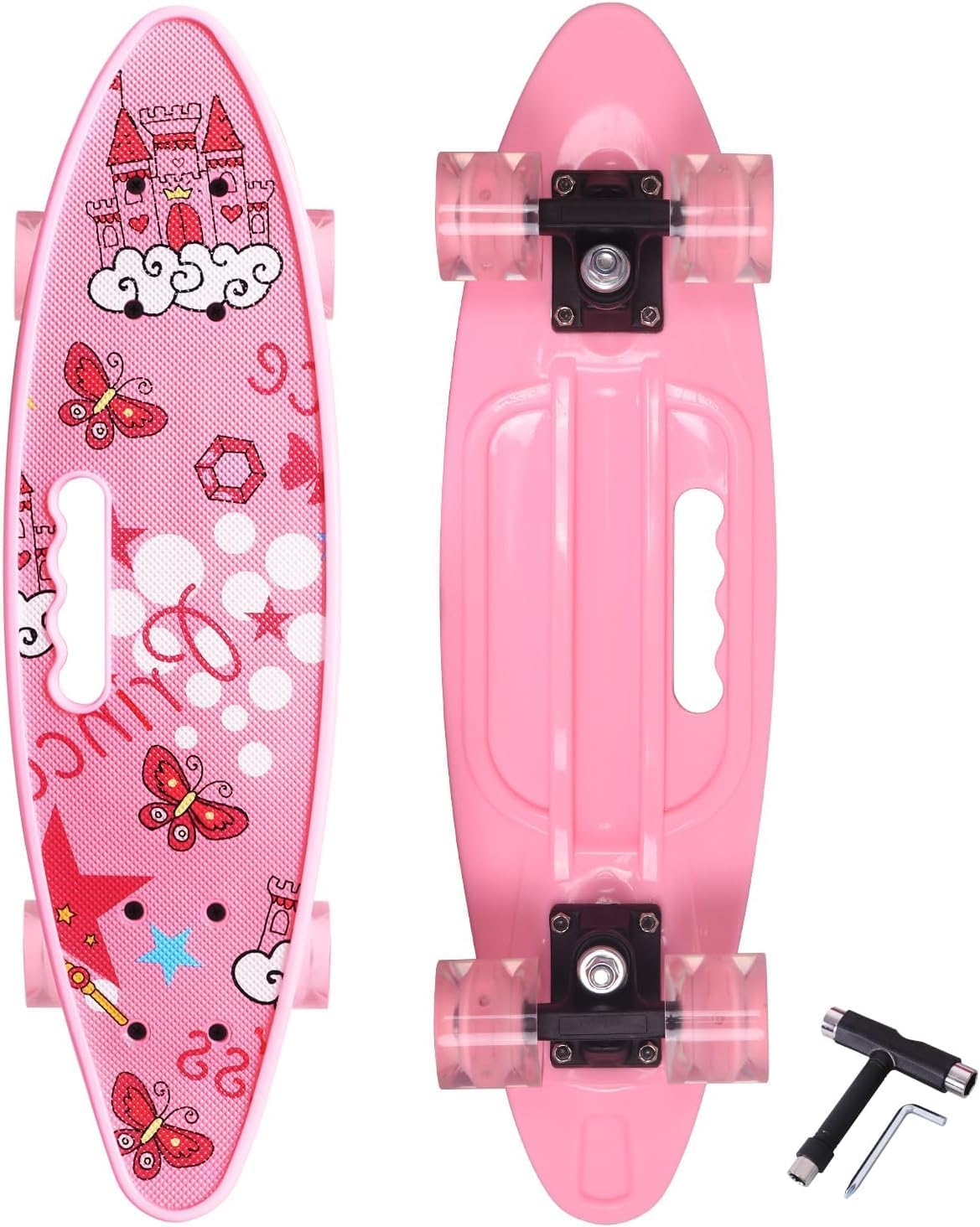 Skateboards 22 Inch Mini Cruiser Skateboard Complete Retro Skate Boards with Colorful Light Up Wheels for Kids Girls Boys Beginners