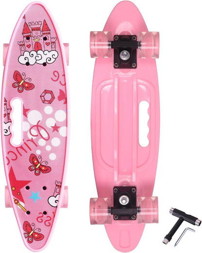 Skateboards 22 Inch Mini Cruiser Skateboard Complete Retro Skate Boards with Colorful Light Up Wheels for Kids Girls Boys Beginners