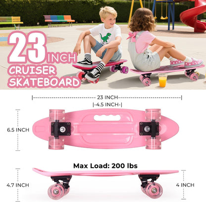 Skateboards 22 Inch Mini Cruiser Skateboard Complete Retro Skate Boards with Colorful Light Up Wheels for Kids Girls Boys Beginners