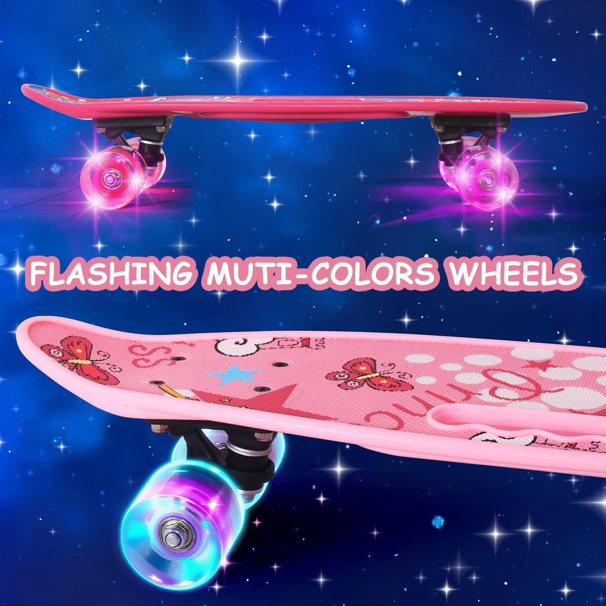 Skateboards 22 Inch Mini Cruiser Skateboard Complete Retro Skate Boards with Colorful Light Up Wheels for Kids Girls Boys Beginners