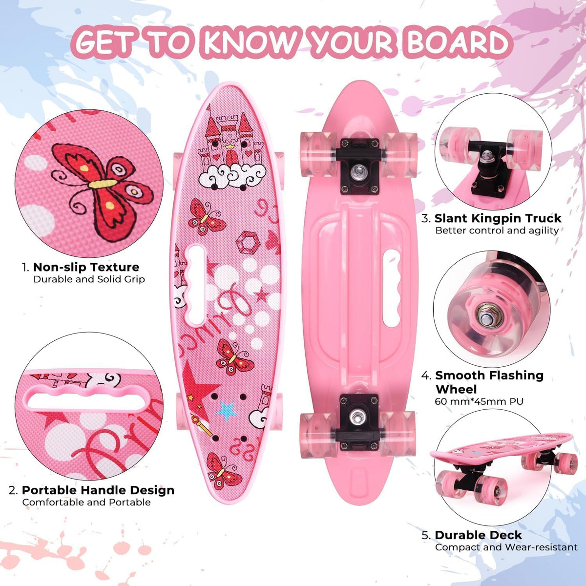Skateboards 22 Inch Mini Cruiser Skateboard Complete Retro Skate Boards with Colorful Light Up Wheels for Kids Girls Boys Beginners