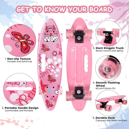 Skateboards 22 Inch Mini Cruiser Skateboard Complete Retro Skate Boards with Colorful Light Up Wheels for Kids Girls Boys Beginners