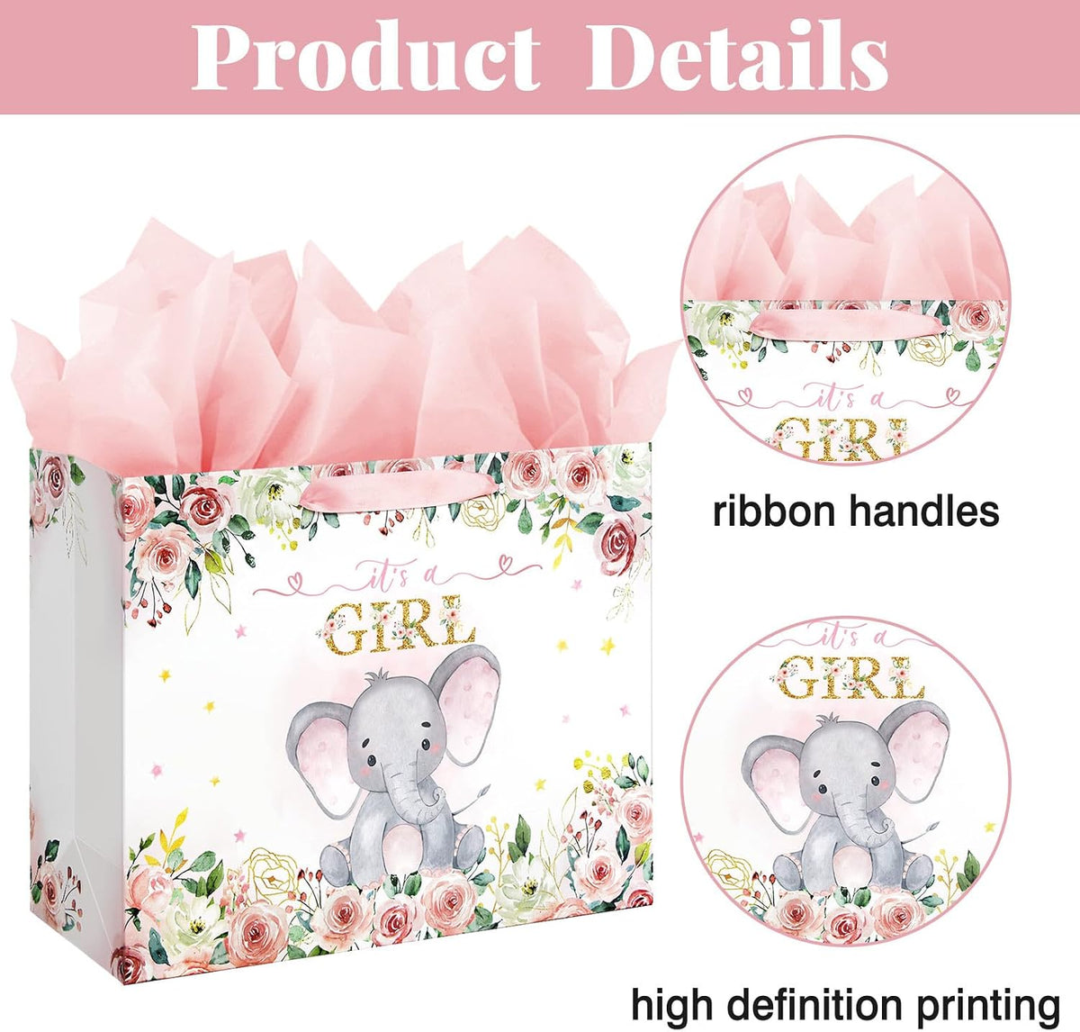 16.5 Inch Extra Large Baby Girl Gift Bag for Baby Shower