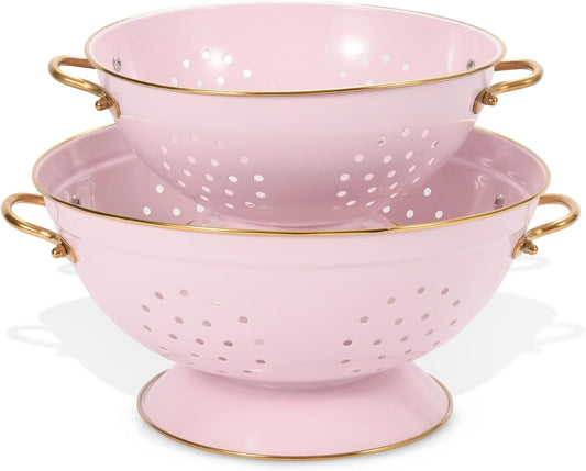 Metal Colander Set of 2, Strainer Basket with Handles 3.5 & 5 Qt Powder Coated Self-draining Solid Ring Base Metal Large Kitchen Colander Bowel for Pasta Vegetable Fruit (PINK)