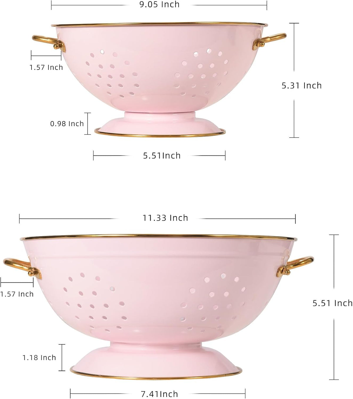 Metal Colander Set of 2, Strainer Basket with Handles 3.5 & 5 Qt Powder Coated Self-draining Solid Ring Base Metal Large Kitchen Colander Bowel for Pasta Vegetable Fruit (PINK)