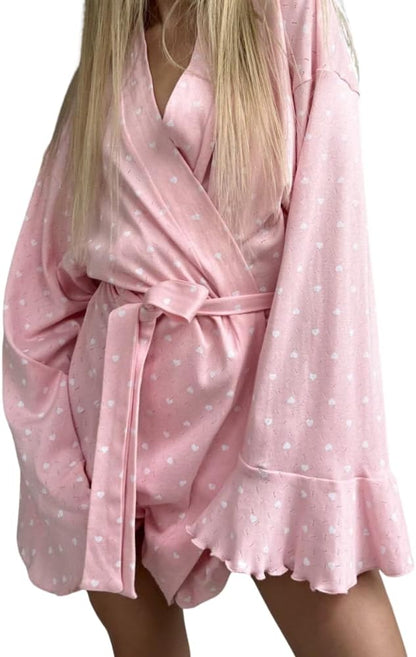 Women's Pink Heart Print Kimono Robe Lightweight Cotton Blend Bathrobe