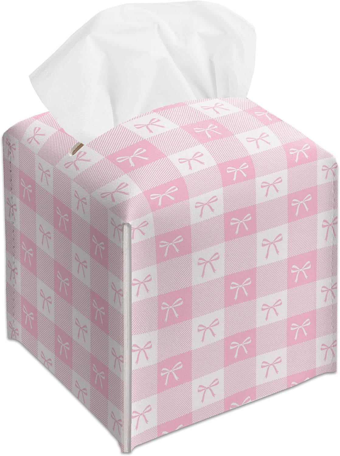 Pink Gingham Bow Decorative Leather Tissue Box Cover - Cute Tissue Holder Gifts for Women and Friends Funny Unique for Home Decor Decorative for Kitchen Bathroom Nightstands Office - A21