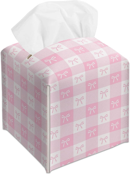Pink Gingham Bow Decorative Leather Tissue Box Cover - Cute Tissue Holder Gifts for Women and Friends Funny Unique for Home Decor Decorative for Kitchen Bathroom Nightstands Office - A21