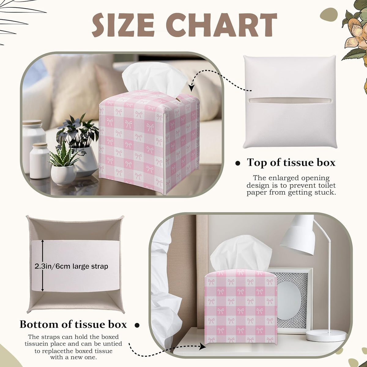 Pink Gingham Bow Decorative Leather Tissue Box Cover - Cute Tissue Holder Gifts for Women and Friends Funny Unique for Home Decor Decorative for Kitchen Bathroom Nightstands Office - A21