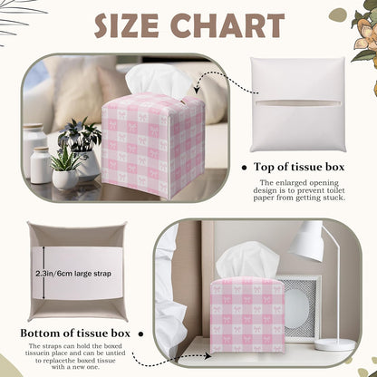Pink Gingham Bow Decorative Leather Tissue Box Cover - Cute Tissue Holder Gifts for Women and Friends Funny Unique for Home Decor Decorative for Kitchen Bathroom Nightstands Office - A21