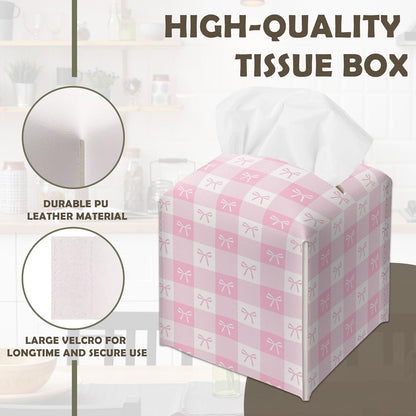 Pink Gingham Bow Decorative Leather Tissue Box Cover - Cute Tissue Holder Gifts for Women and Friends Funny Unique for Home Decor Decorative for Kitchen Bathroom Nightstands Office - A21