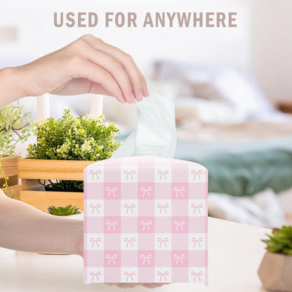 Pink Gingham Bow Decorative Leather Tissue Box Cover - Cute Tissue Holder Gifts for Women and Friends Funny Unique for Home Decor Decorative for Kitchen Bathroom Nightstands Office - A21
