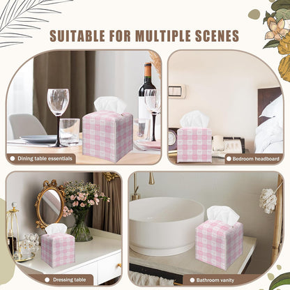 Pink Gingham Bow Decorative Leather Tissue Box Cover - Cute Tissue Holder Gifts for Women and Friends Funny Unique for Home Decor Decorative for Kitchen Bathroom Nightstands Office - A21