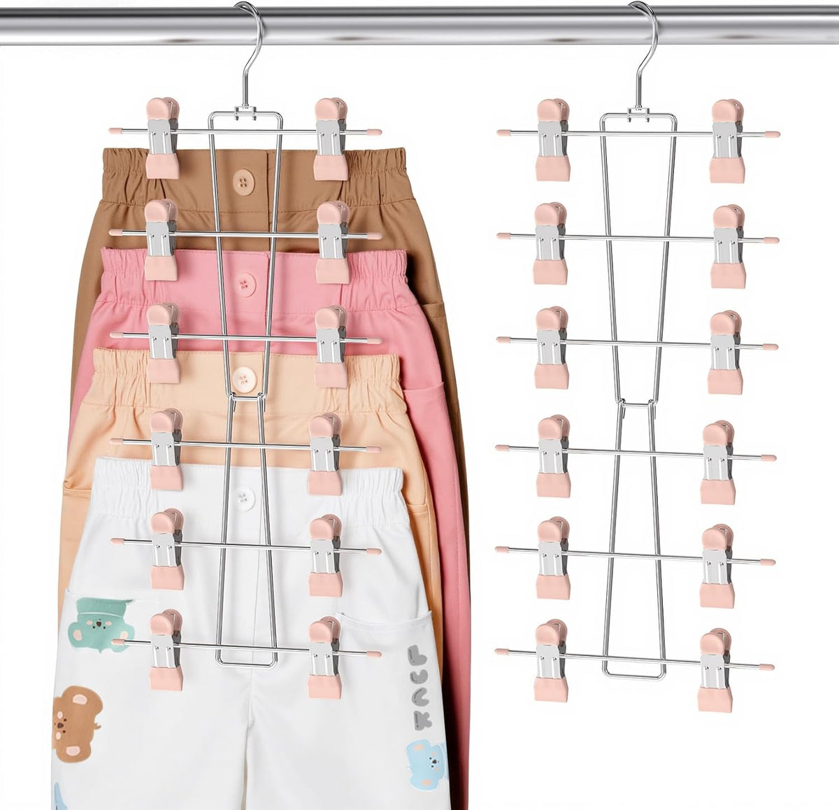 6-Tier Baby Hangers with Clips - Space Saving Kids Pants Hangers for Babies & Kids Pant,Clothe,Adjustable Toddler Clothes Hanger for Newborn Children Closet Organization Pink 2Pack
