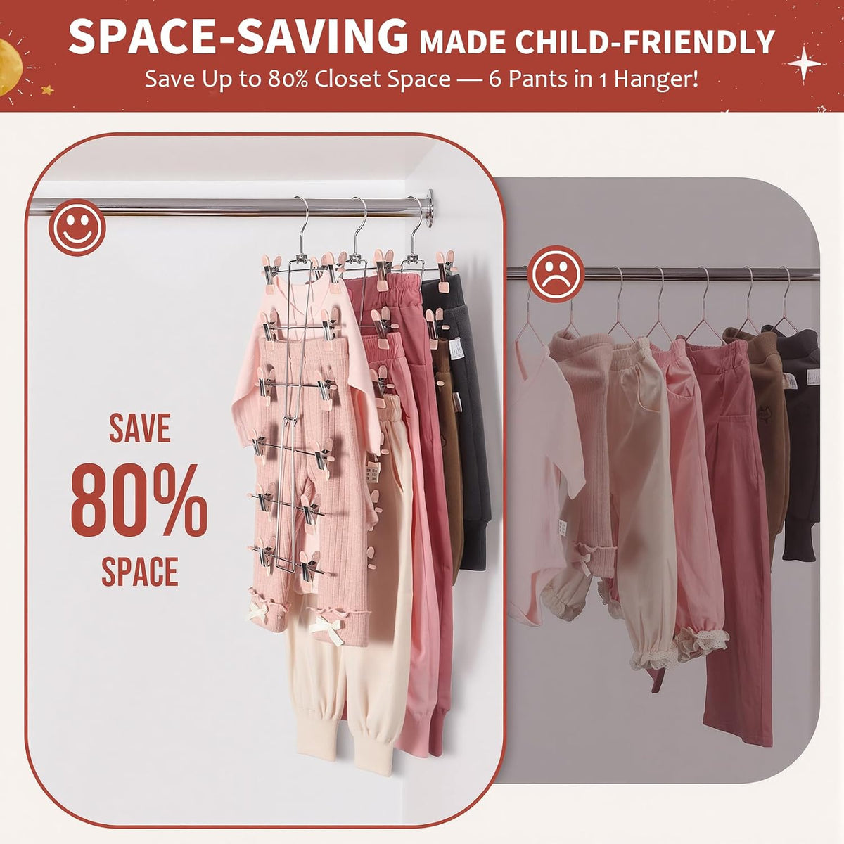 6-Tier Baby Hangers with Clips - Space Saving Kids Pants Hangers for Babies & Kids Pant,Clothe,Adjustable Toddler Clothes Hanger for Newborn Children Closet Organization Pink 2Pack