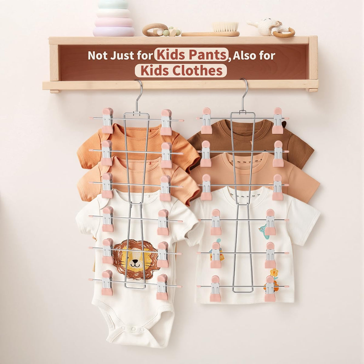 6-Tier Baby Hangers with Clips - Space Saving Kids Pants Hangers for Babies & Kids Pant,Clothe,Adjustable Toddler Clothes Hanger for Newborn Children Closet Organization Pink 2Pack