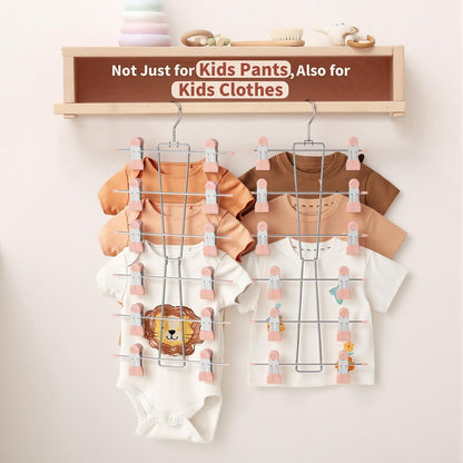 6-Tier Baby Hangers with Clips - Space Saving Kids Pants Hangers for Babies & Kids Pant,Clothe,Adjustable Toddler Clothes Hanger for Newborn Children Closet Organization Pink 2Pack