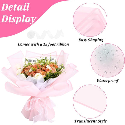 Flower Wrapping Paper, 20 Sheets, Waterproof, Floral Bouquet Design, for Wedding, Birthday Gift, DIY Florist Supplies (Pink colour)