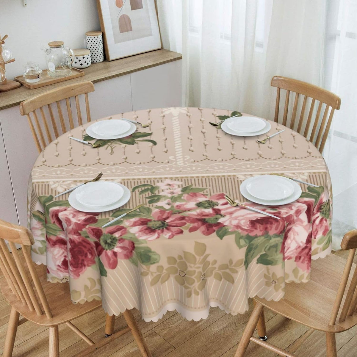 Romantic Victorian Pink Floral Round Tablecloth Washable Scalloped Table Cloth Decorative for Dining Camping Party 60 Inch