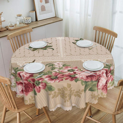 Romantic Victorian Pink Floral Round Tablecloth Washable Scalloped Table Cloth Decorative for Dining Camping Party 60 Inch