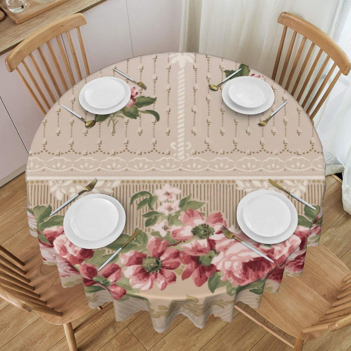 Romantic Victorian Pink Floral Round Tablecloth Washable Scalloped Table Cloth Decorative for Dining Camping Party 60 Inch