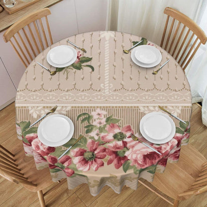 Romantic Victorian Pink Floral Round Tablecloth Washable Scalloped Table Cloth Decorative for Dining Camping Party 60 Inch