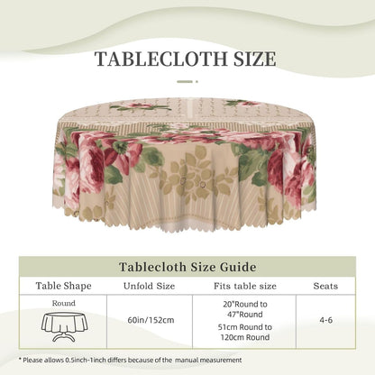 Romantic Victorian Pink Floral Round Tablecloth Washable Scalloped Table Cloth Decorative for Dining Camping Party 60 Inch