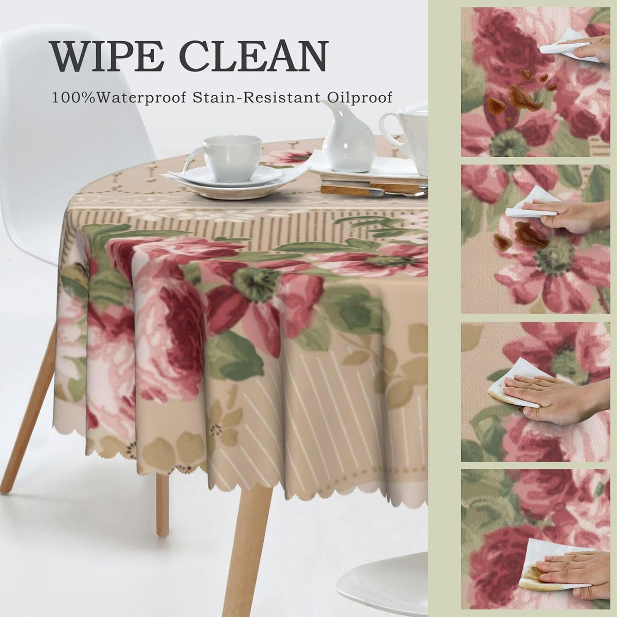 Romantic Victorian Pink Floral Round Tablecloth Washable Scalloped Table Cloth Decorative for Dining Camping Party 60 Inch