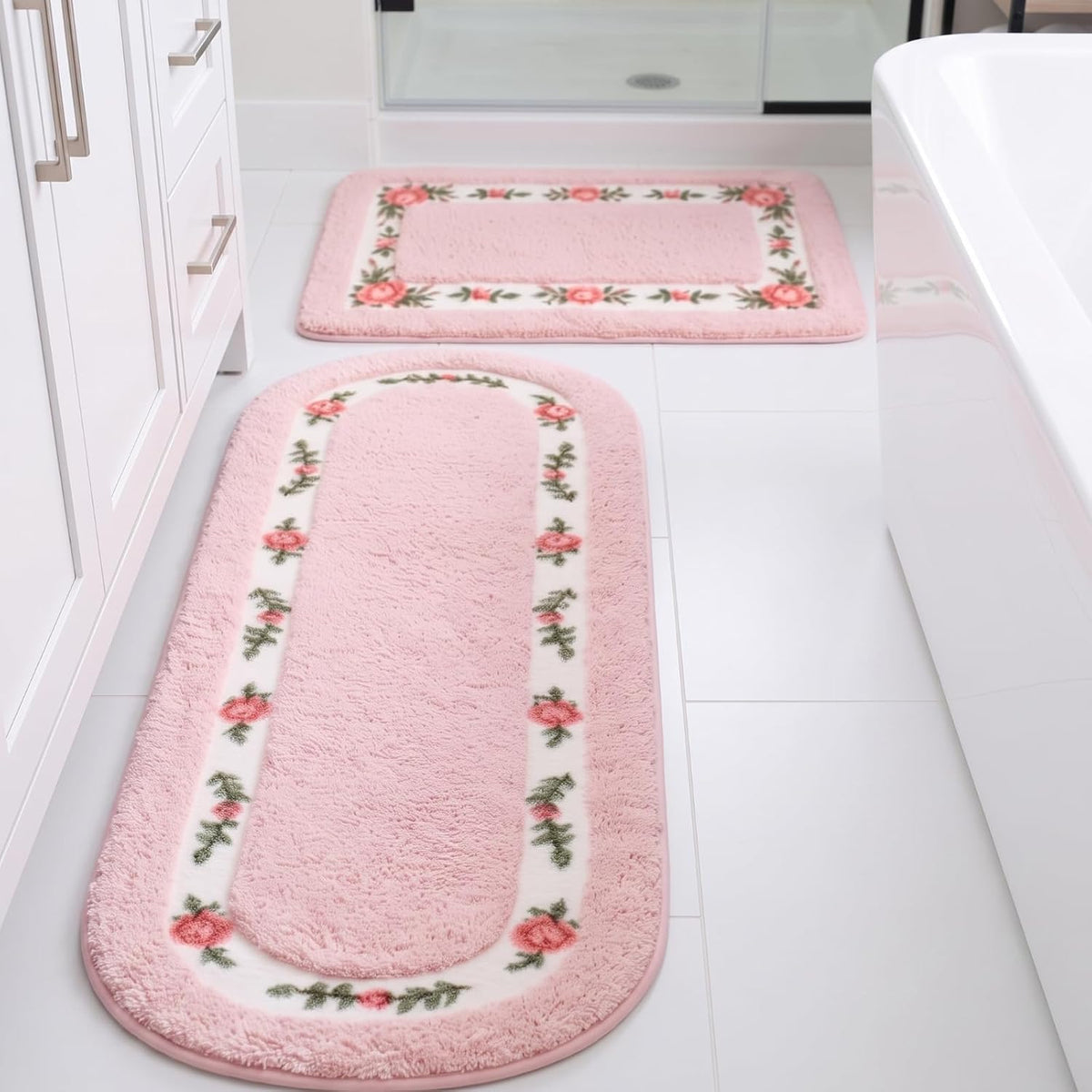 2 Pcs Rose Flowers Bathroom Rugs Set Coquette Room Decor Floral Rugs for Bathroom Bedroom Living Room,Non Skid Absorbent Romantic Rose Flower Area Rugs 2 Shapes(Pink,Small)