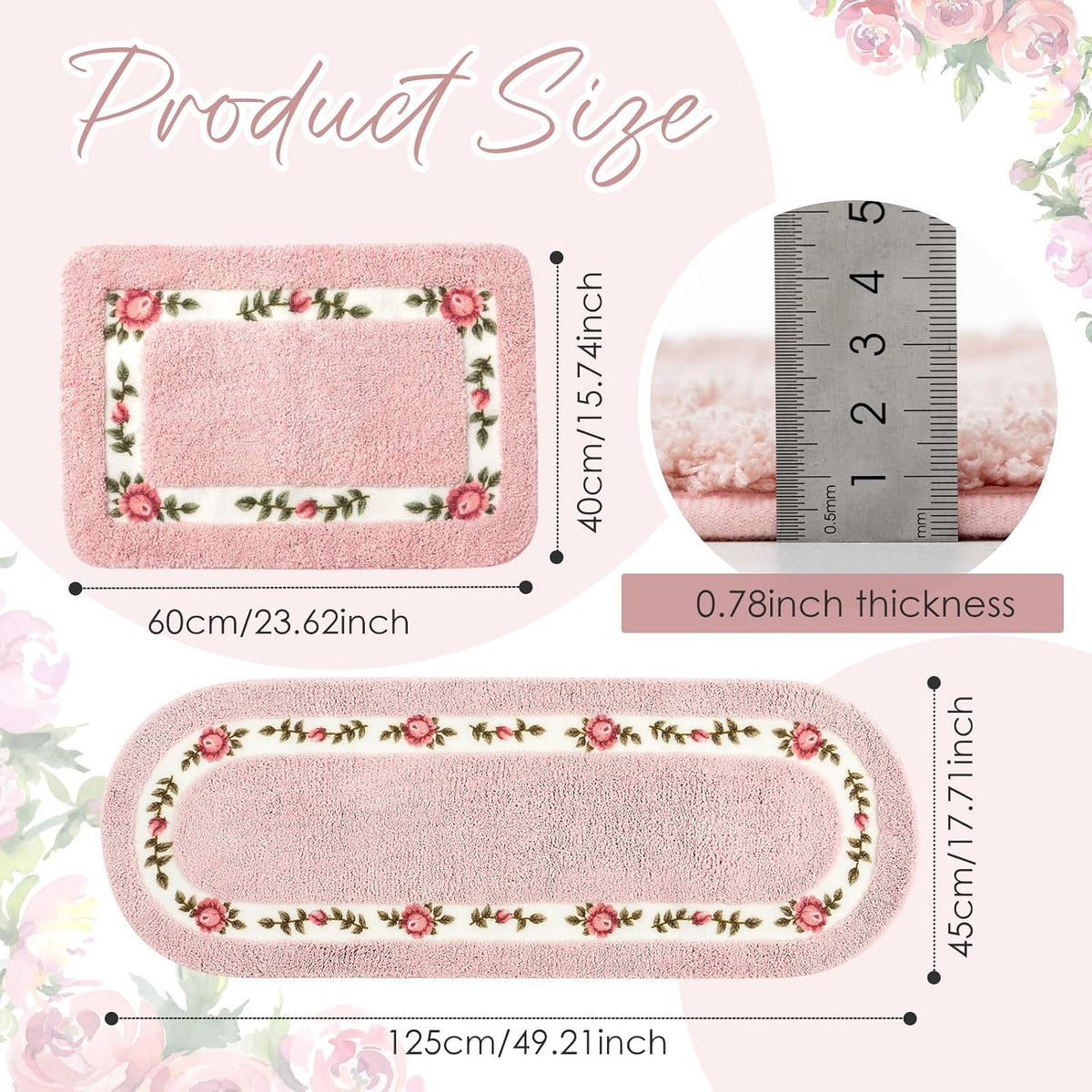 2 Pcs Rose Flowers Bathroom Rugs Set Coquette Room Decor Floral Rugs for Bathroom Bedroom Living Room,Non Skid Absorbent Romantic Rose Flower Area Rugs 2 Shapes(Pink,Small)