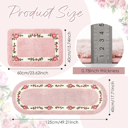 2 Pcs Rose Flowers Bathroom Rugs Set Coquette Room Decor Floral Rugs for Bathroom Bedroom Living Room,Non Skid Absorbent Romantic Rose Flower Area Rugs 2 Shapes(Pink,Small)