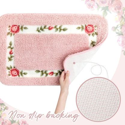 2 Pcs Rose Flowers Bathroom Rugs Set Coquette Room Decor Floral Rugs for Bathroom Bedroom Living Room,Non Skid Absorbent Romantic Rose Flower Area Rugs 2 Shapes(Pink,Small)