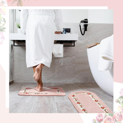 2 Pcs Rose Flowers Bathroom Rugs Set Coquette Room Decor Floral Rugs for Bathroom Bedroom Living Room,Non Skid Absorbent Romantic Rose Flower Area Rugs 2 Shapes(Pink,Small)