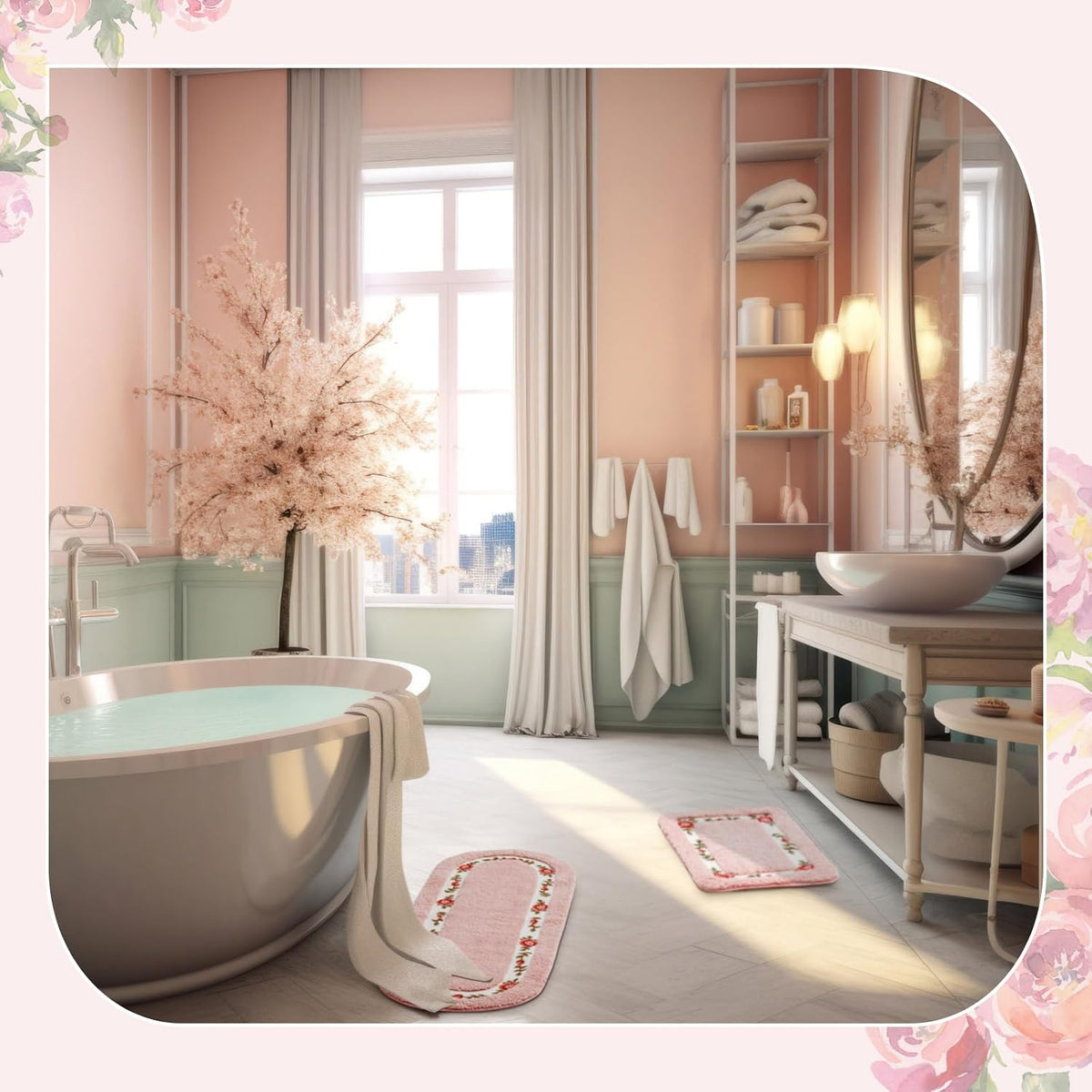 2 Pcs Rose Flowers Bathroom Rugs Set Coquette Room Decor Floral Rugs for Bathroom Bedroom Living Room,Non Skid Absorbent Romantic Rose Flower Area Rugs 2 Shapes(Pink,Small)