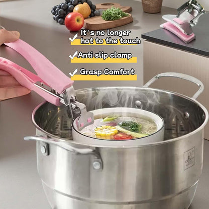 Upgraded Hot Plate Grabber with Silicone Handles Heat-Resistant Silicone Bowl Tongs for Hot Dishes - Non-Slip Stainless Steel Plate Lifter for Microwave/Oven (8-11 Inch, 8LBS) (Pink)