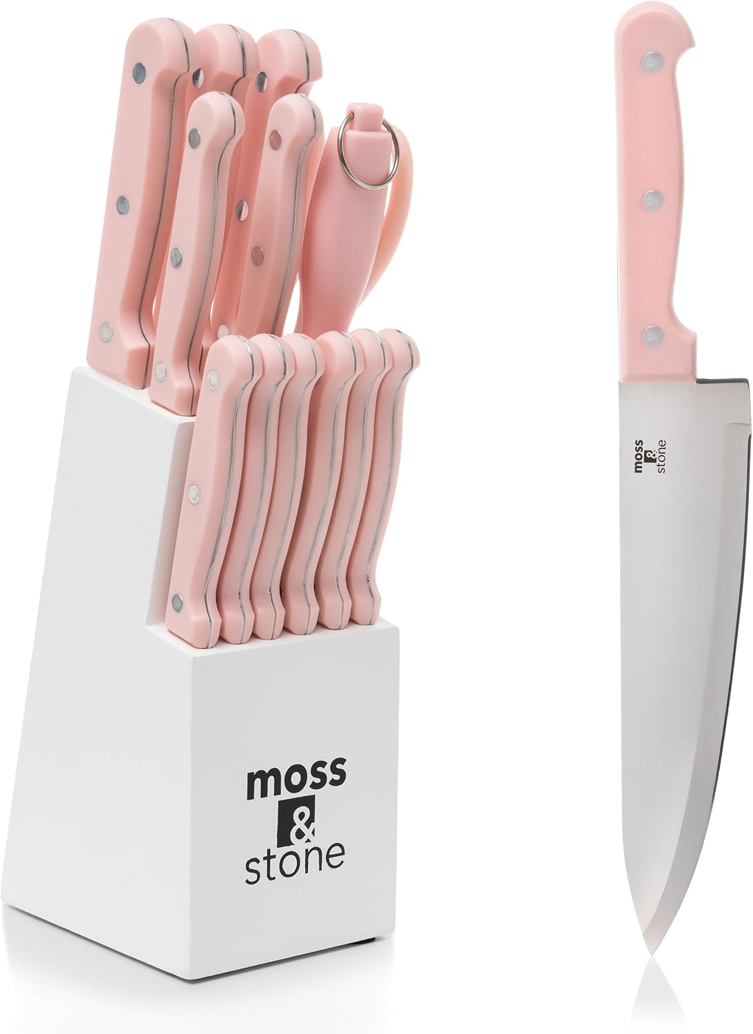 Pink 14 Pcs Kitchen Knife Set with Block, Stainless Steel