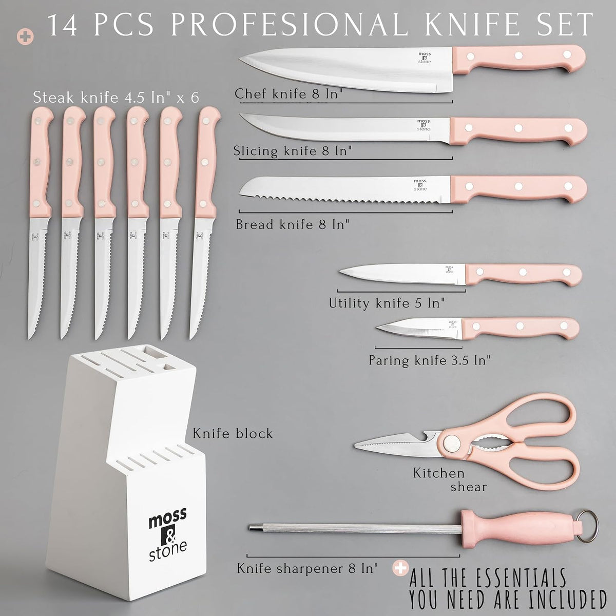 Pink 14 Pcs Kitchen Knife Set with Block, Stainless Steel